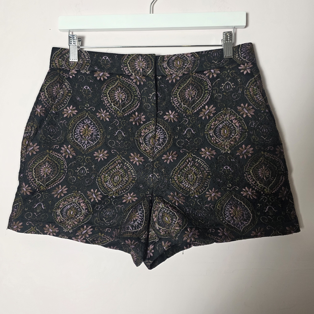 A.L.C. High Waist Shorts in Black with Purple & Olive Pattern